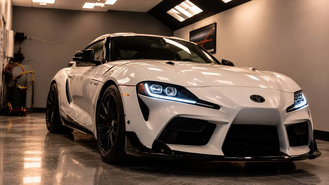 A white Toyota Supra with its headlights on inside the Custom Auto Care bay